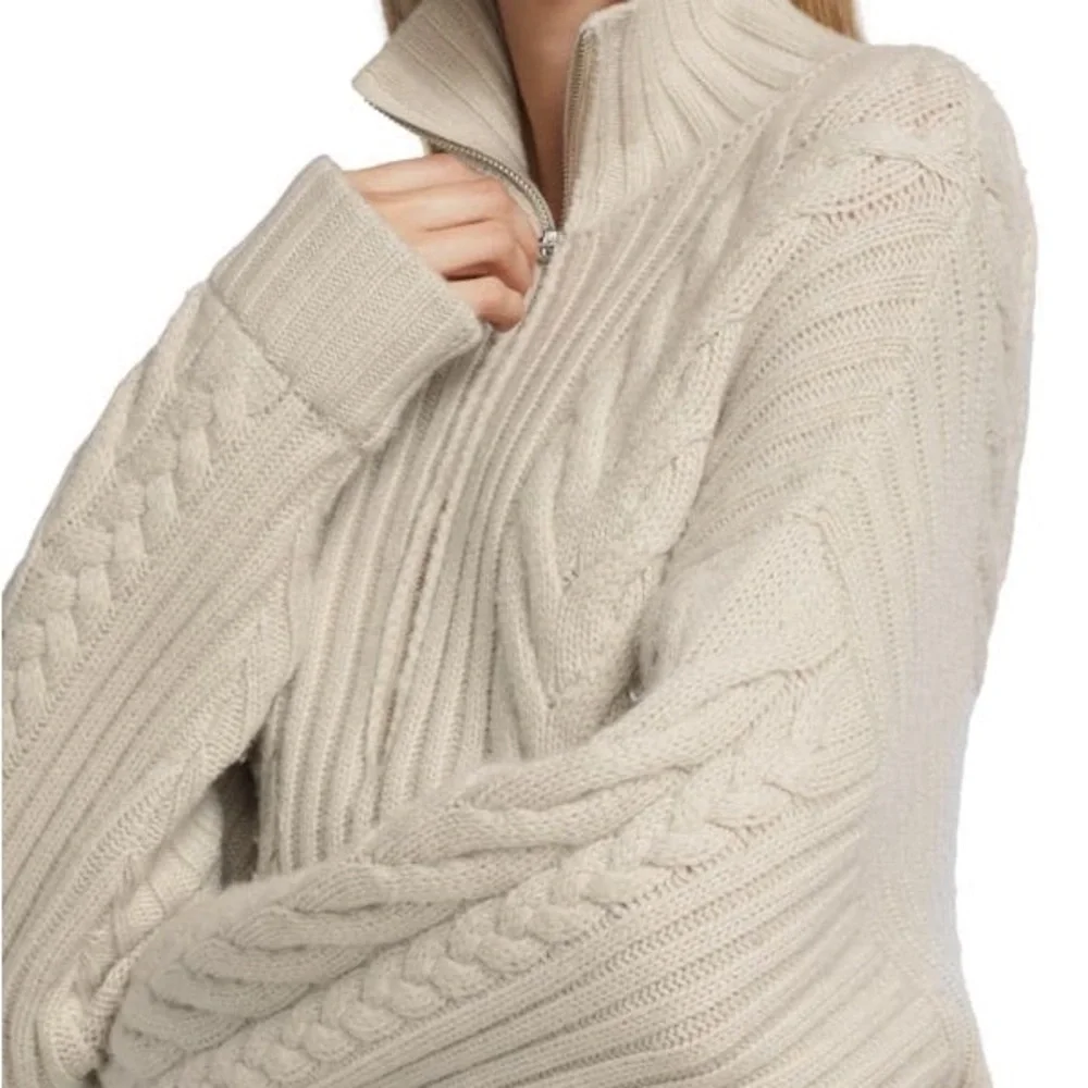 SOLD NAADAM Wool-Cashmere Open-Back Cable Quarter-Zip Taupe Linen Sweater NEW - Picture 3 of 10